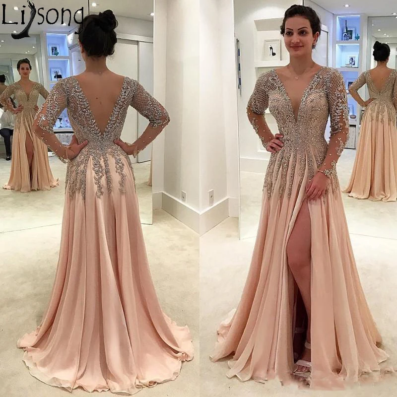 Gorgeous Crystals Beaded Long Prom Dresses Party Wear Deep V Neck Side Split Evening Gowns Chiffon Long Sleeve Formal Dress
Gorgeous Crystals Beaded Long Prom Dresses Party Wear Deep V Neck Side Split Evening Gowns Chiffon Long Sleeve Formal Dress