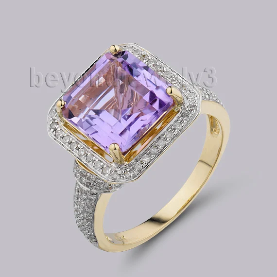 

LANMI Purple Gemstone Princess Cut 10mm Solid 14Kt Yellow Gold Amethyst Ring for Women Engagement G090326