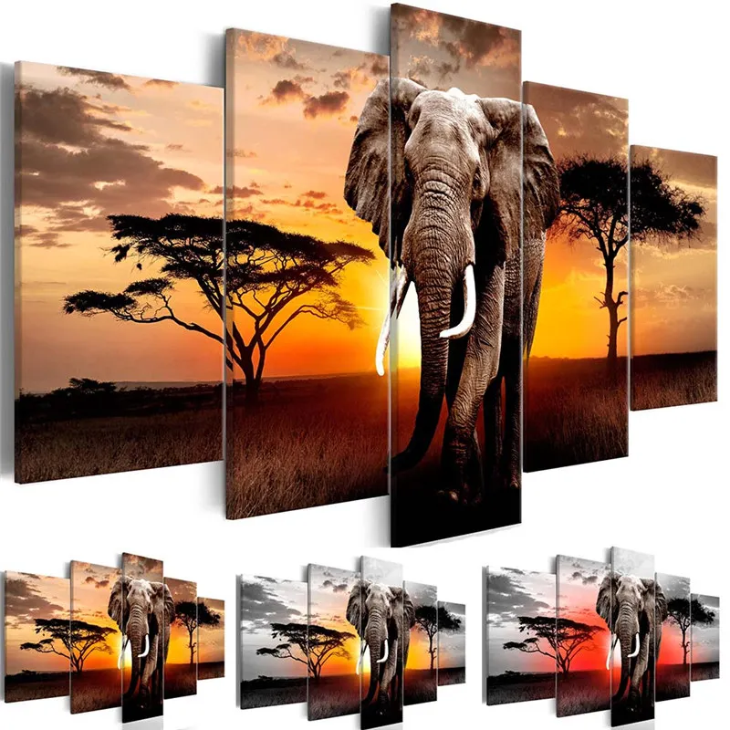 

Canvas Pictures Home Decor 1 Piece Walking Elephant Sunset Africa Grassland Scenery Painting Prints Poster Living Room Wall Art