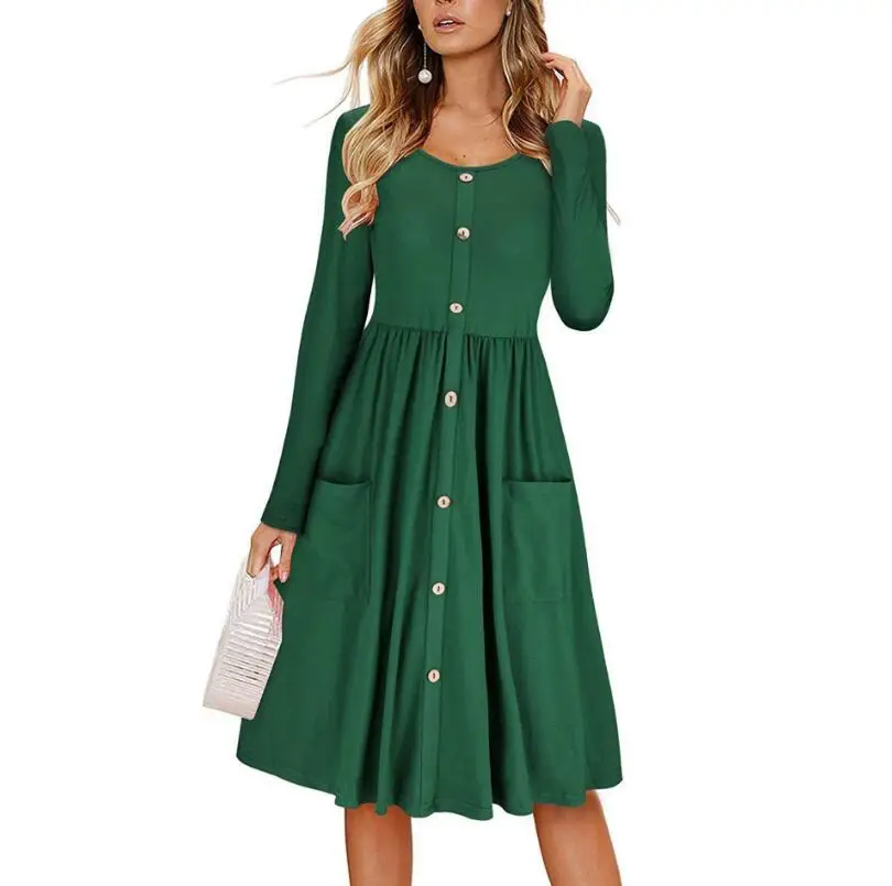 2020 women's new dresses button Buckle pocket solid color long-sleeved dress tide O-neck Party spring autumn knee-length
2020 women's new dresses button Buckle pocket solid color long-sleeved dress tide O-neck Party spring autumn knee-length