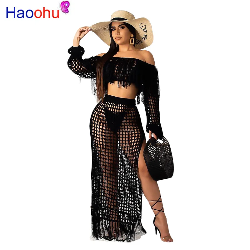 Hollow Out Fishnet Tassel Knitted Two piece Set Summer Beach Dress Off Shoulder Lantern Sleeve Crop Top + Maxi Skirt
Hollow Out Fishnet Tassel Knitted Two piece Set Summer Beach Dress Off Shoulder Lantern Sleeve Crop Top + Maxi Skirt