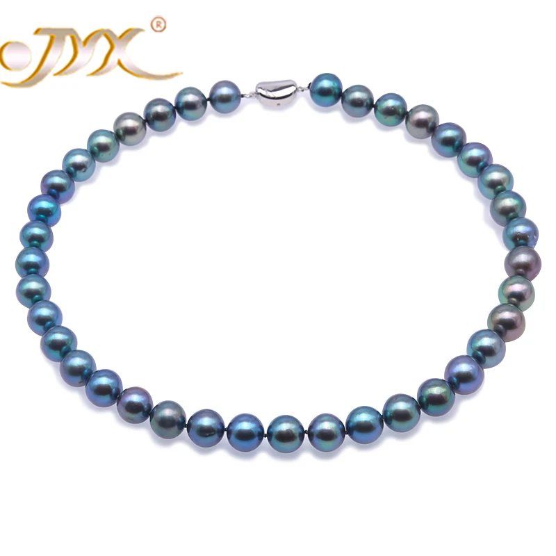 

JYX великолепное 10,5-11 мм Настоящее ожерелье с павлиньим синим круглым пресноводным жемчугом AAA
