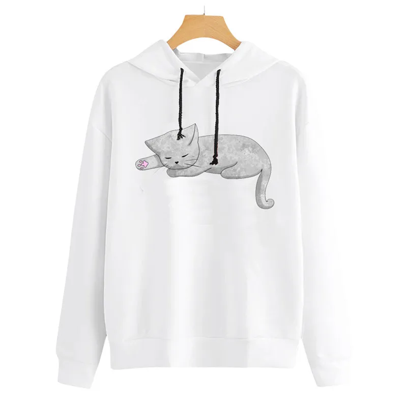 Women Sweatshirt Casual Solid Color Cat Pattern Long Sleeve Hooded Pullover women's clothing hoodies T# | Женская одежда