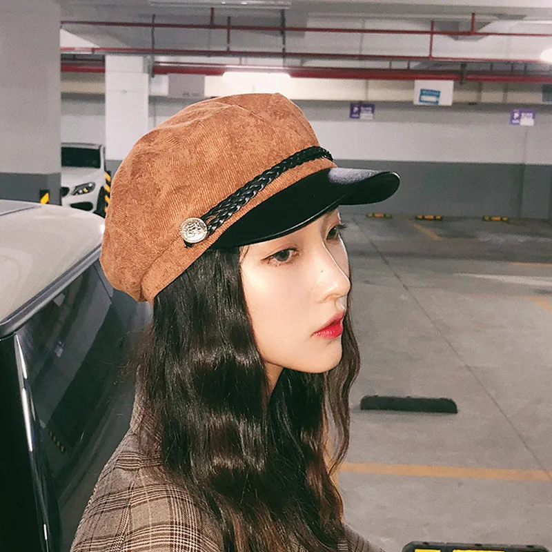 2018 осень-зима Винтаж вельвет ПУ Кнопка шляпа для Для женщин военная Gorras Планас
