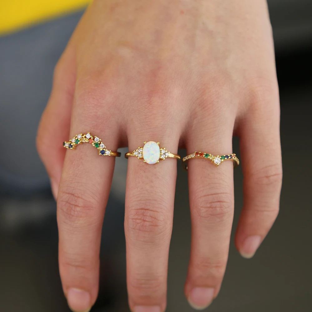 copper gold color thin 3pcs set ring line micro pave cz eternity rainbow women engagement egg shape white fire opal | Украшения и