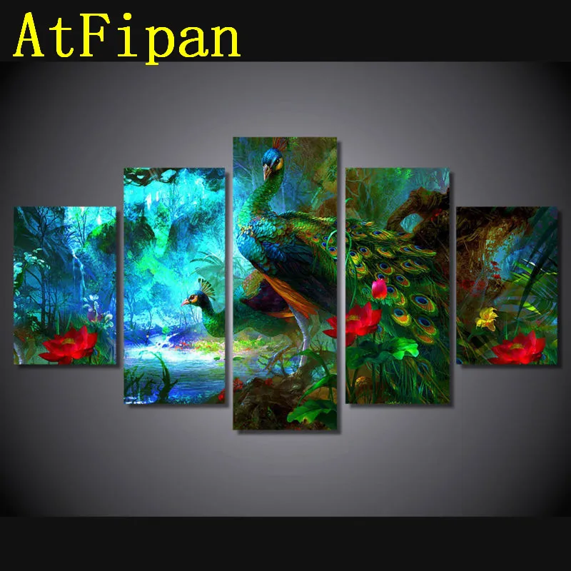 Atfipan Большой HD модульная фотографии 5 Панель Красочные Павлин произведение