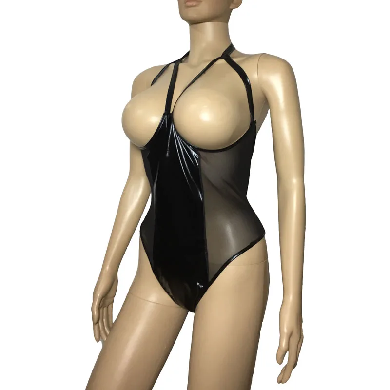 

Sexy Women Faux Leather Open Breast Cupless Leotard See-through Mesh Bodysuit Wet Look Teddies Lingerie Catsuit Clubwear