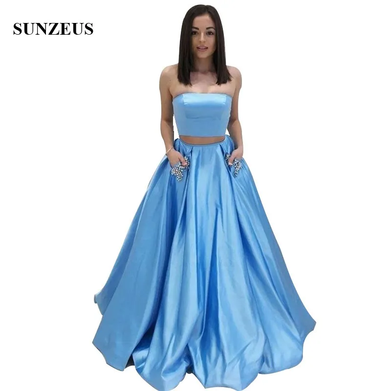 Strapless Crop Top Party Dresses Simple Blue Satin Two Piece Prom Dress With Pockets Beads Long Girls Wear
Strapless Crop Top Party Dresses Simple Blue Satin Two Piece Prom Dress With Pockets Beads Long Girls Wear