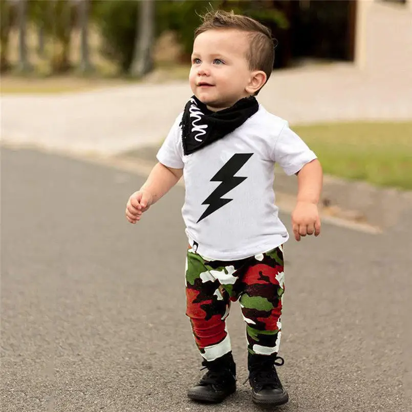Модный комплект детской одежды для маленьких мальчиков футболка + камуфляжные