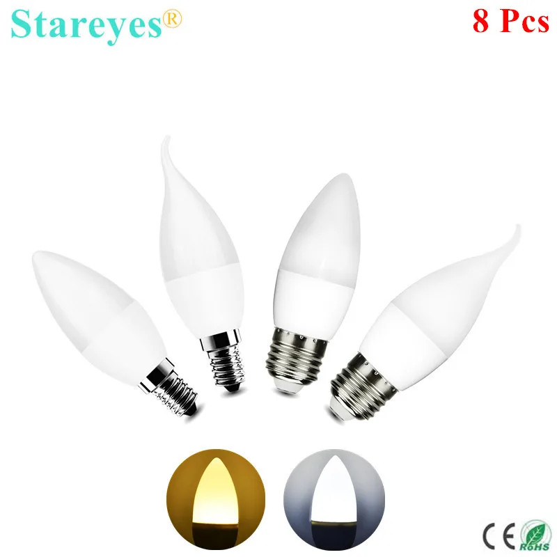 8 шт. E14 E27 SMD 2835 10 светодиодный 3 Вт Светодиодный светильник в форме свечи