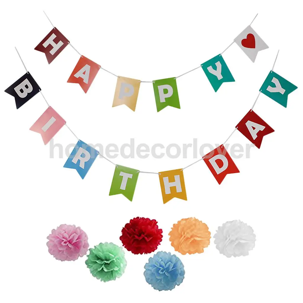Красочные с днем рождения баннер гирлянда бумага Pom Poms цветок Дети Взрослые День