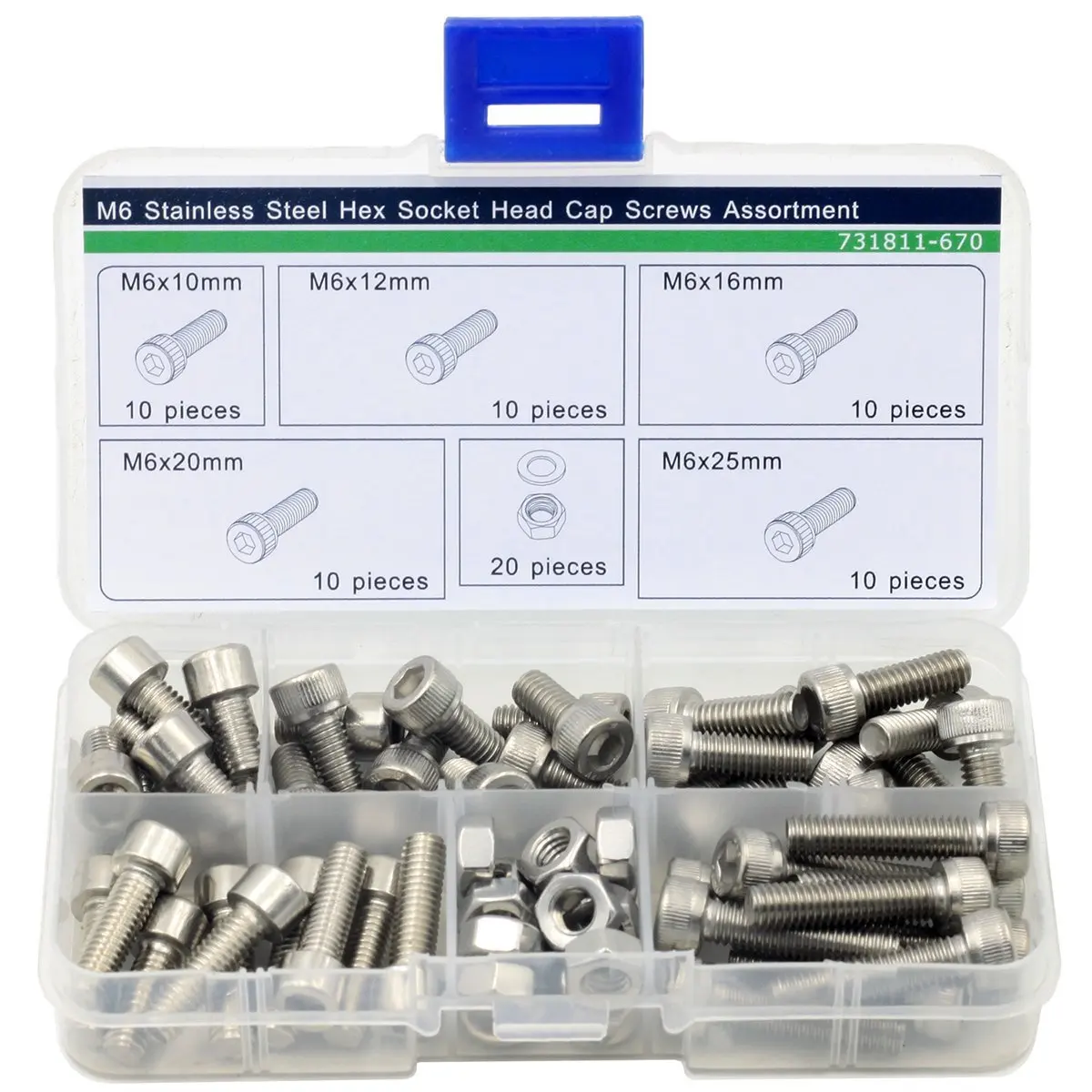 M6 Stainless Steel Hex Socket Cap Screw,Hex Nuts,Plain Washers Assortment,70 pcs
M6 Stainless Steel Hex Socket Cap Screw,Hex Nuts,Plain Washers Assortment,70 pcs