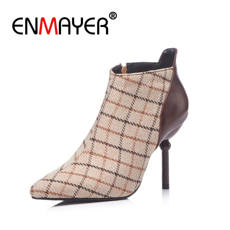 ENMAYER Women Ankle boots Pointed Toe High heels Short boots Wool Winter boots Thin heel Zipper Shoes woman Patchwork CR1211
ENMAYER Women Ankle boots Pointed Toe High heels Short boots Wool Winter boots Thin heel Zipper Shoes woman Patchwork CR1211