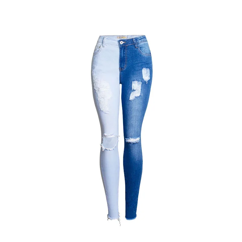 Двойной цвет синий стрейч женские рваные джинсы Рваные Высокая джегинсы
