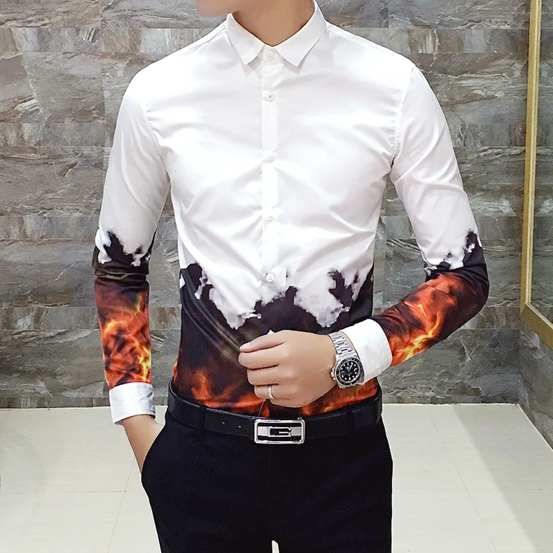 Стильная рубашка с принтом изображением пламени цифровая печать мужская