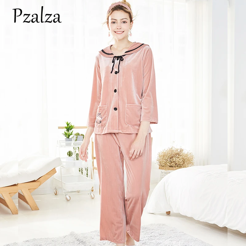 Sailor Collar Velvet Pajamas For Women Winter Autumn Cat Cute Pajamas Night Sleepwear Women's Pink Blue Female Pajama Set Suit
Sailor Collar Velvet Pajamas For Women Winter Autumn Cat Cute Pajamas Night Sleepwear Women's Pink Blue Female Pajama Set Suit
