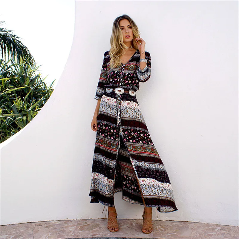 GOPLUS Boho Летнее пляжное платье женское винтажное цветочное с v-образным вырезом