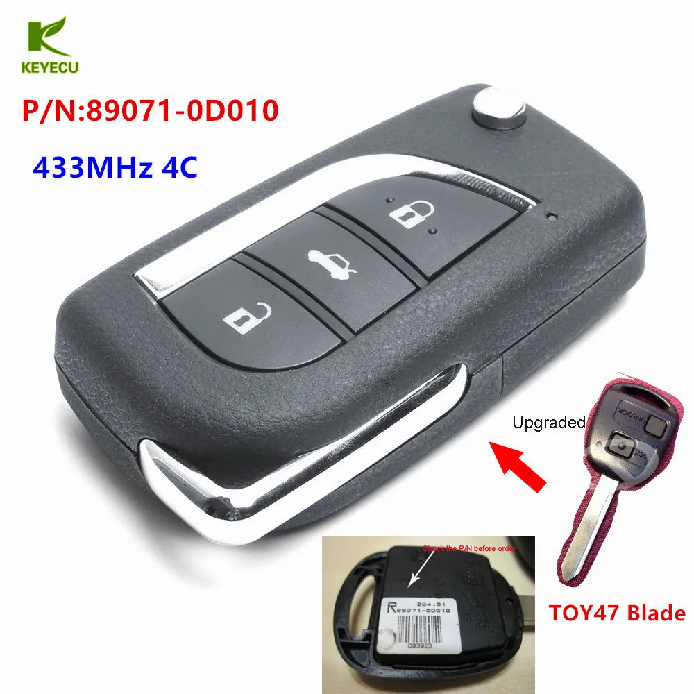 Фото Запасной новый обновленный дистанционный ключ KEYECU 433 МГц 4C для Toyota Yaris Avensis Corolla