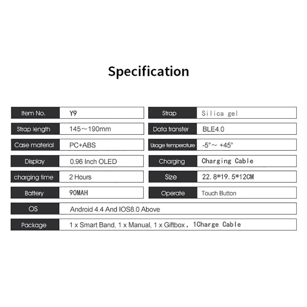 Y9 Smart Bracelet Color Screen Bluetooth Heart Rate Blood Pressure Waterproof Swimming Sports Smart Wristband
Y9 Smart Bracelet Color Screen Bluetooth Heart Rate Blood Pressure Waterproof Swimming Sports Smart Wristband