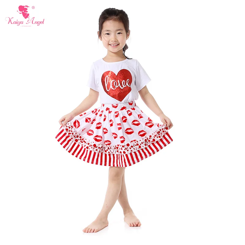 

Valentines Day Girls Clothes Love of Hearts T-Shirt Skirt Suit Red Lip Prints Skirt Boutique Outfit Kids Clothing Wholesale Suit