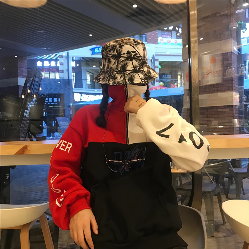 Harajuku Толстовки пара 2018 осень и зима оригинальной прострочкой на Молнии Высокий