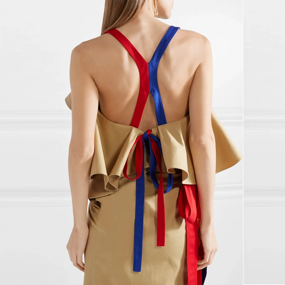 LXUNYI Newest Khaki Sexy Two Piece Set Summer 2019 Ruffles Crop Top And Skirt Women Lace Up V Neck Patchwork Female Sets Costume |