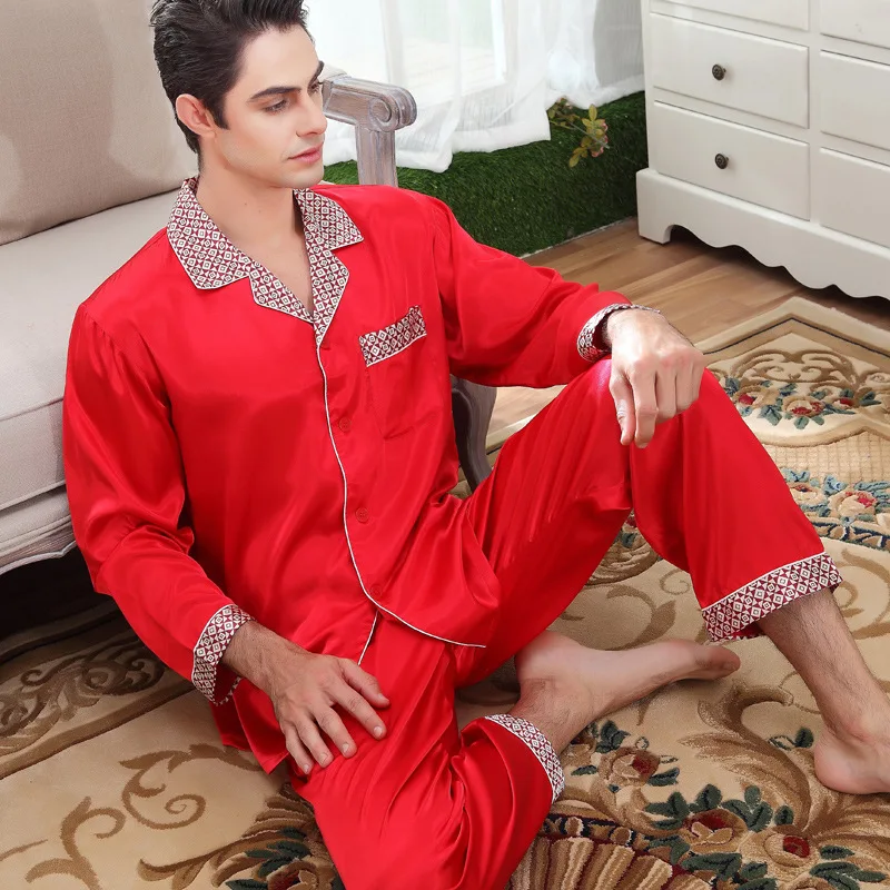 Couples Silk Wedding Sleepwear Men's Nightgown Silkly Satin Mens Pajamas Classic Long Sleeved Homewear 2pcs D-2162 | Мужская одежда