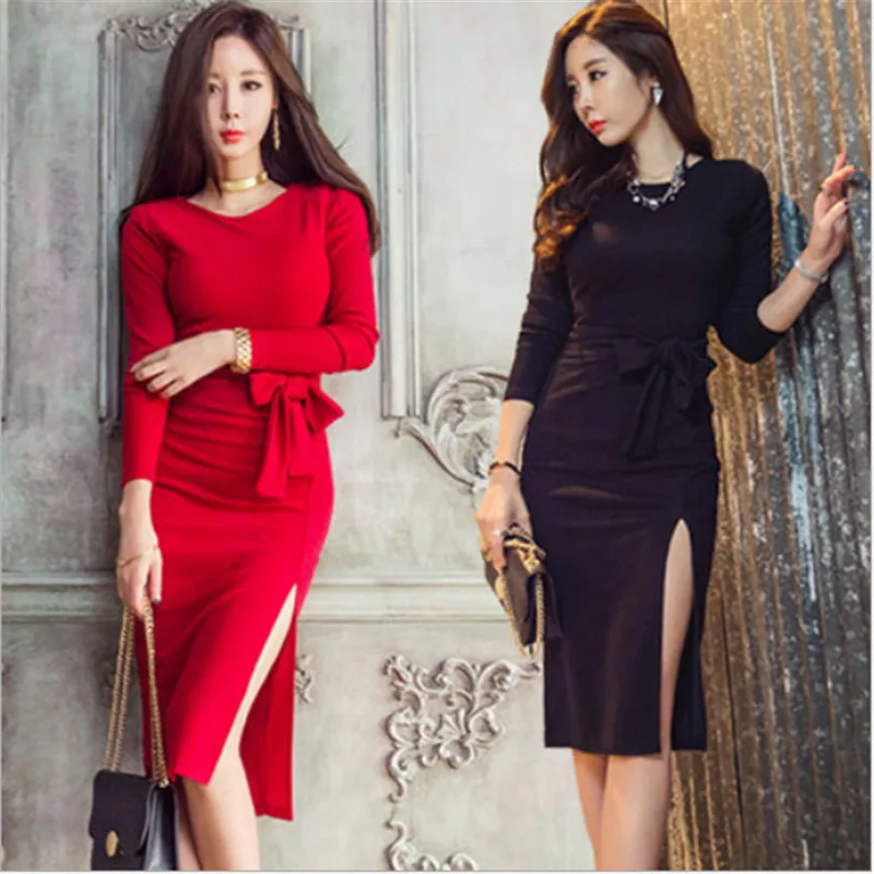 Bottoming Slit O-Neck Solid Slim Bodycon Sashes Decoration Dress Female Women donne si vestono vestido de mujer
Bottoming Slit O-Neck Solid Slim Bodycon Sashes Decoration Dress Female Women donne si vestono vestido de mujer