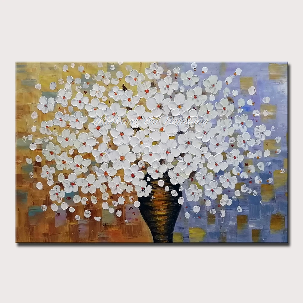 

Mintura Handpainted Oil Paintings On Canva A pot of White Flowers Wall Picture for Living Room Morden Hotel Decoration No Framed