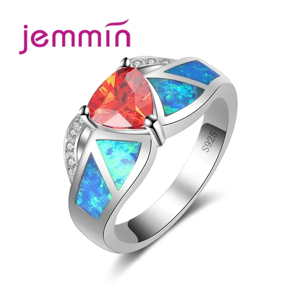 

Red Triangle Crystal Rings 925 Sterling Silver Jewelry Unique Blue Fire Opal Wedding Band Ring For Women Birthday Anillos