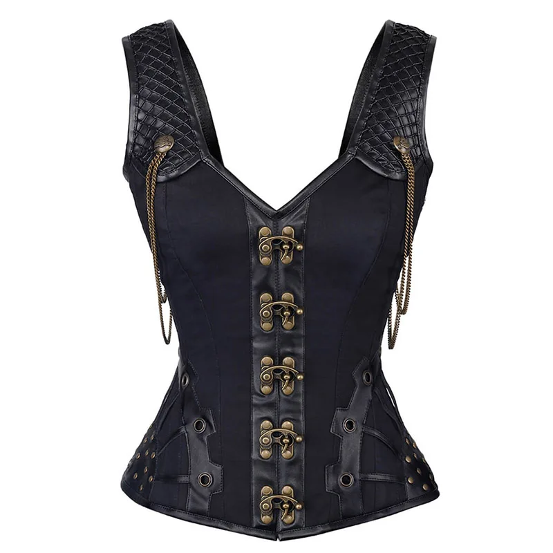 Gothic Women Steampunk Leather Corset Black Sexy Brocade Corsage Vintage Slimming Waist Metal Clasp Closure Chains Vest Corsetto
Gothic Women Steampunk Leather Corset Black Sexy Brocade Corsage Vintage Slimming Waist Metal Clasp Closure Chains Vest Corsetto