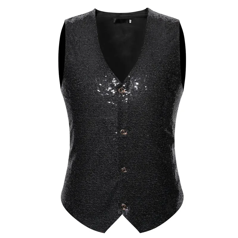 

Mens Wedding Stage Show Sequin Suit Vest 2021 Brand New Black Paillette Waistcoat Vest Men DJ Bar Singers Gilet Homme Costume