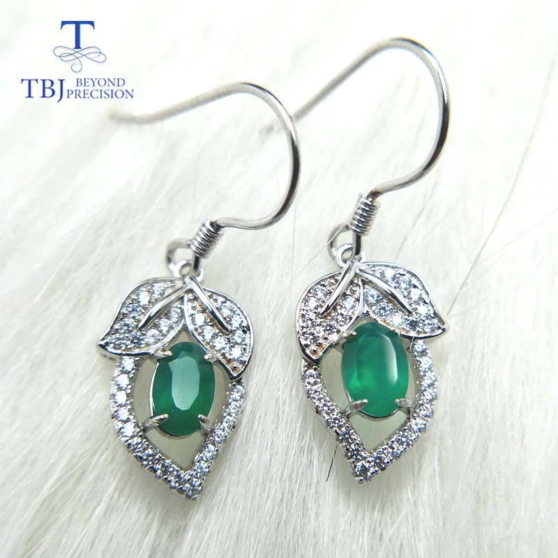 TBJ Natural green agate oval 4*6mm gemstone hook earring in 925 sterling silver leaf shape for women birthday best gift | Украшения и