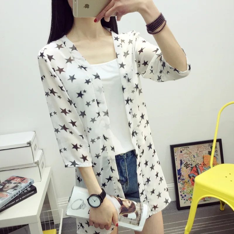 Summer Blouse Women Clothing Casual Chiffon Blouse Cardigan print White big star/White samll star/Black big star Blouse Shirt
Summer Blouse Women Clothing Casual Chiffon Blouse Cardigan print White big star/White samll star/Black big star Blouse Shirt