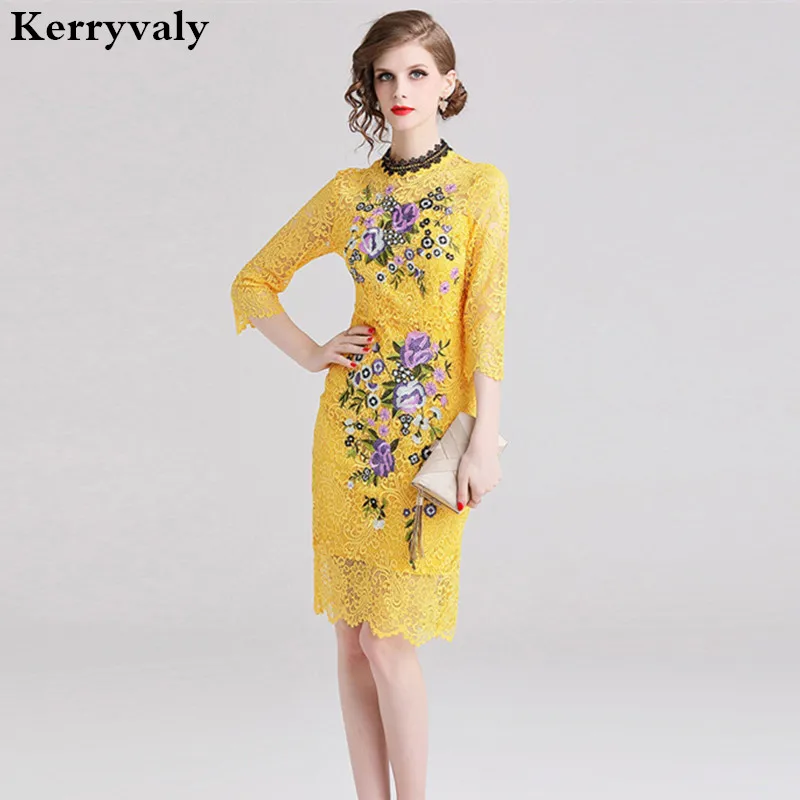 Фото Новое желтое кружевное платье с цветочной вышивкой Для женщин летнее 2021 миди