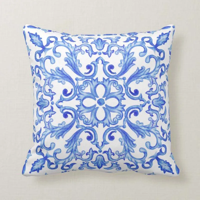 Personalized Tile Scroll Blue Throw Pillow Zipper Home Sofa Decorative Throw Pillow Cover Cushion Case 45X45