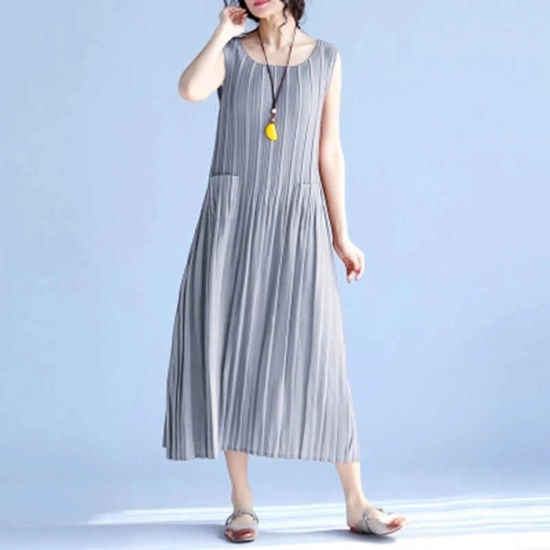 2018 Summer New Style Women Sleeveless Pleated Party Beach Baggy Solid Color Long Dress Female O-Neck Chiffon Dresses F54 | Женская