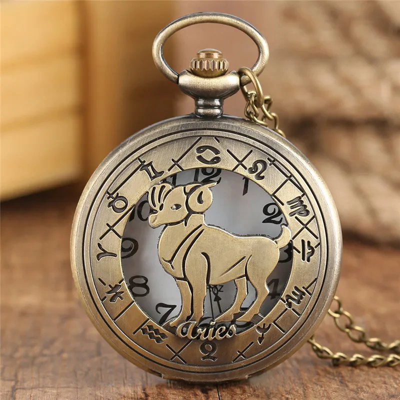 Constellation Stylish Aries Design Pocket Watch Women Men Zodiac Pendant Necklace Chain Fashion Birthday Gift Relogio De Bolso | Наручные