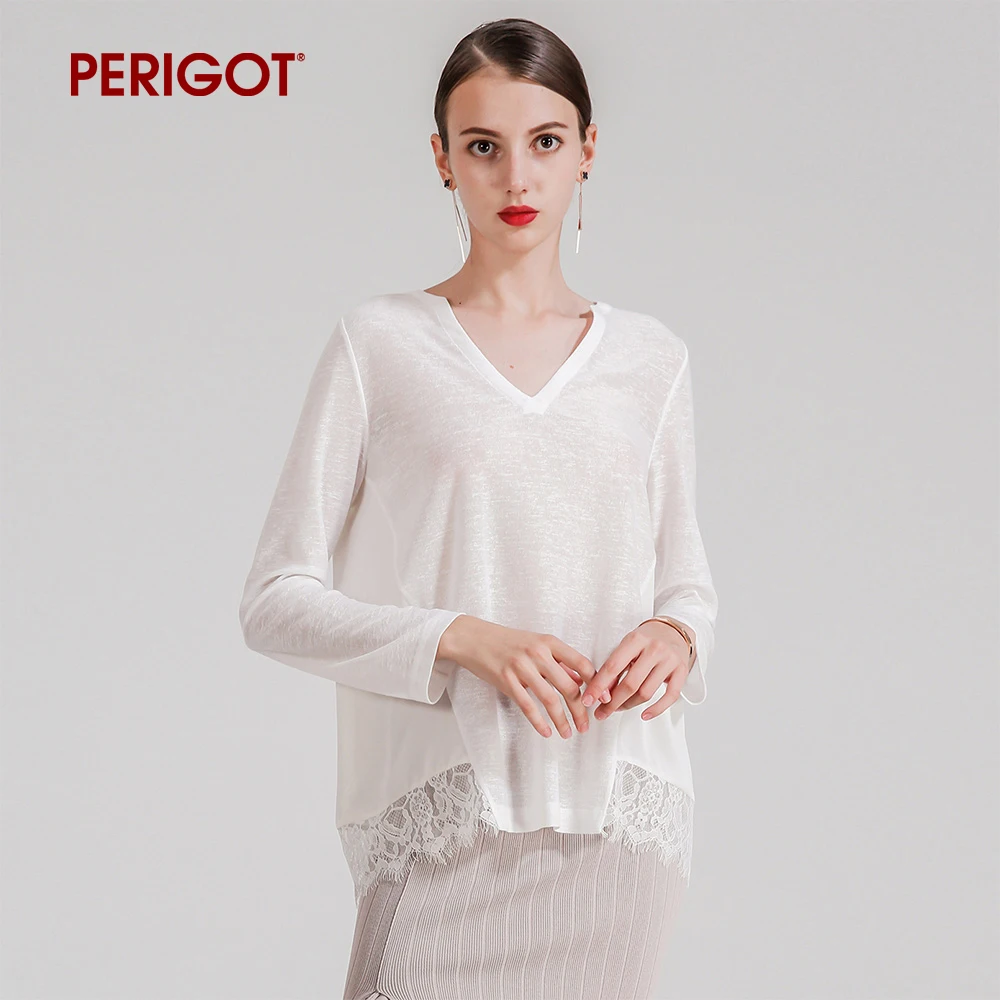 Perigot pgw0304 Демисезонный Новый Для женщин Кружево шифон Лоскутная вязаная футболка