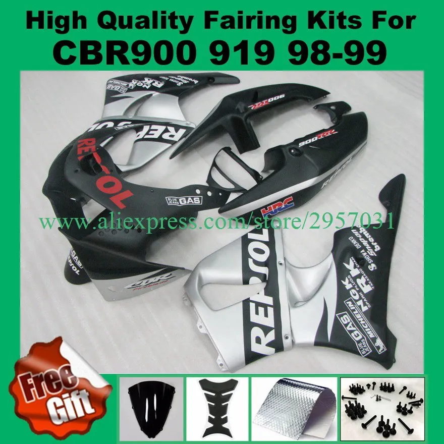 Free screws+gifts Fairing kit for HONDA CBR900RR 919 98 99 Silver Black REPSOL CBR 900RR CBR900 1998 1999 ABS Fairings set
Free screws+gifts Fairing kit for HONDA CBR900RR 919 98 99 Silver Black REPSOL CBR 900RR CBR900 1998 1999 ABS Fairings set