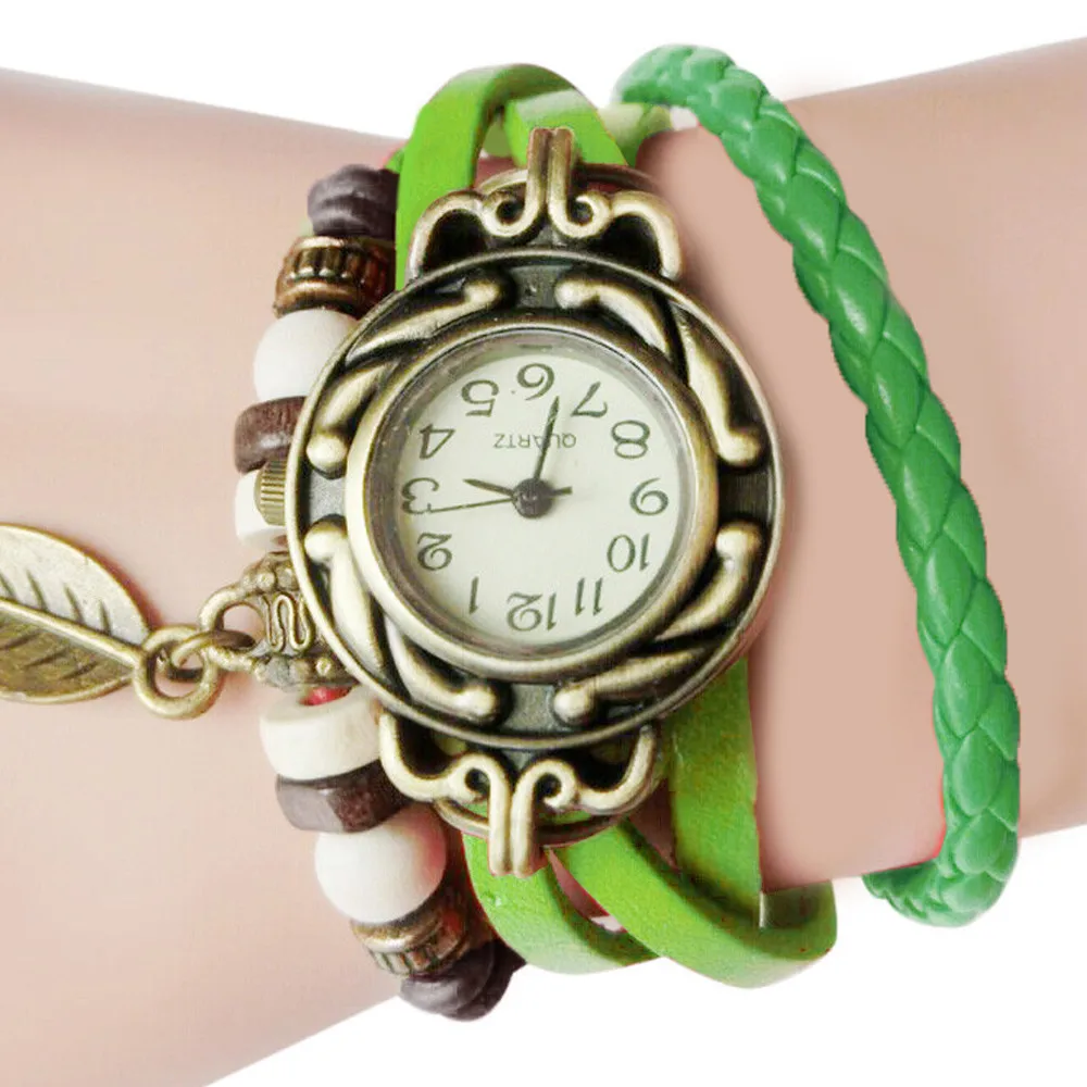 Женские часы браслет с кожаным ремешком подвеской в виде листа простые кварцевые