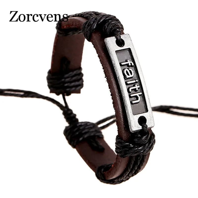 ZORCVENS Faith Charm черные браслеты из веревки и кожи для мужчин Браслет манжета Braclet