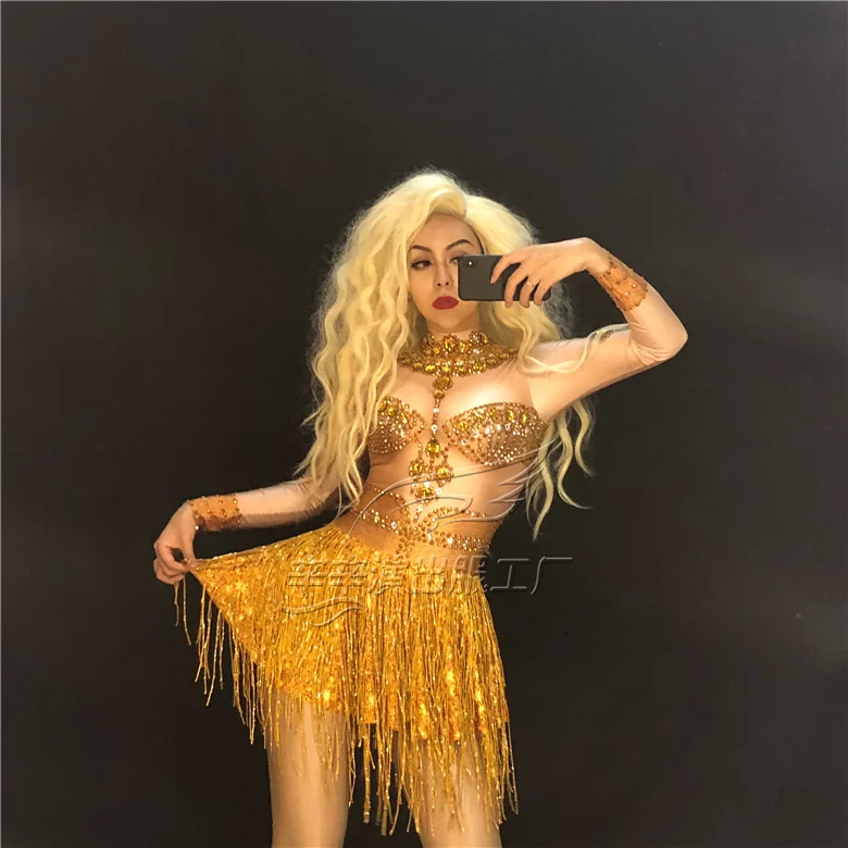 Nightclub modern singer host model Dj gold tassel long sleeve short one-piece dress dance adult costume women
Nightclub modern singer host model Dj gold tassel long sleeve short one-piece dress dance adult costume women