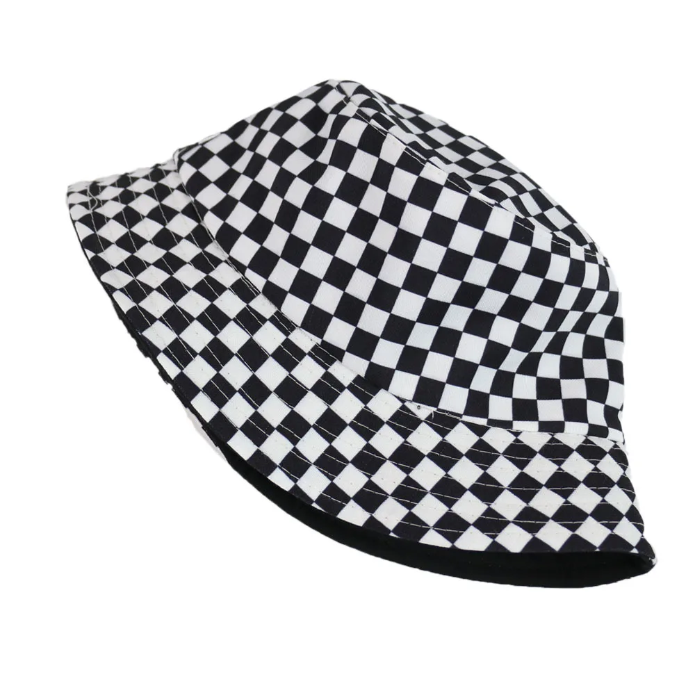 Winfox New Hip Hop Black White Plaid Checked Bucket Hats Fisherman Caps Women Mens