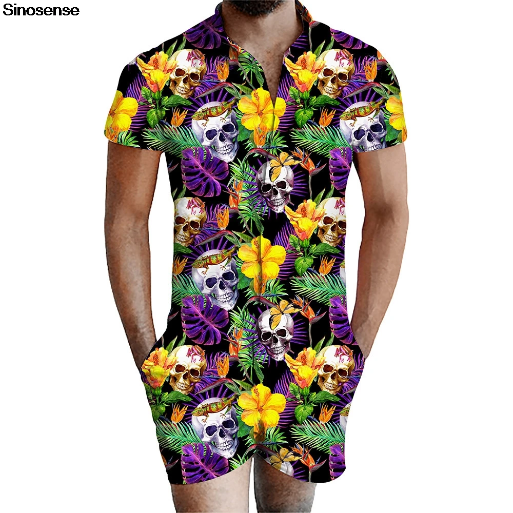 Men Skull Romper 2020 Holiday Vocation Beach Party Summer Hawaiian Men's Sets Male Zipper Jumpsuit One Piece Overalls Outfits | Мужская