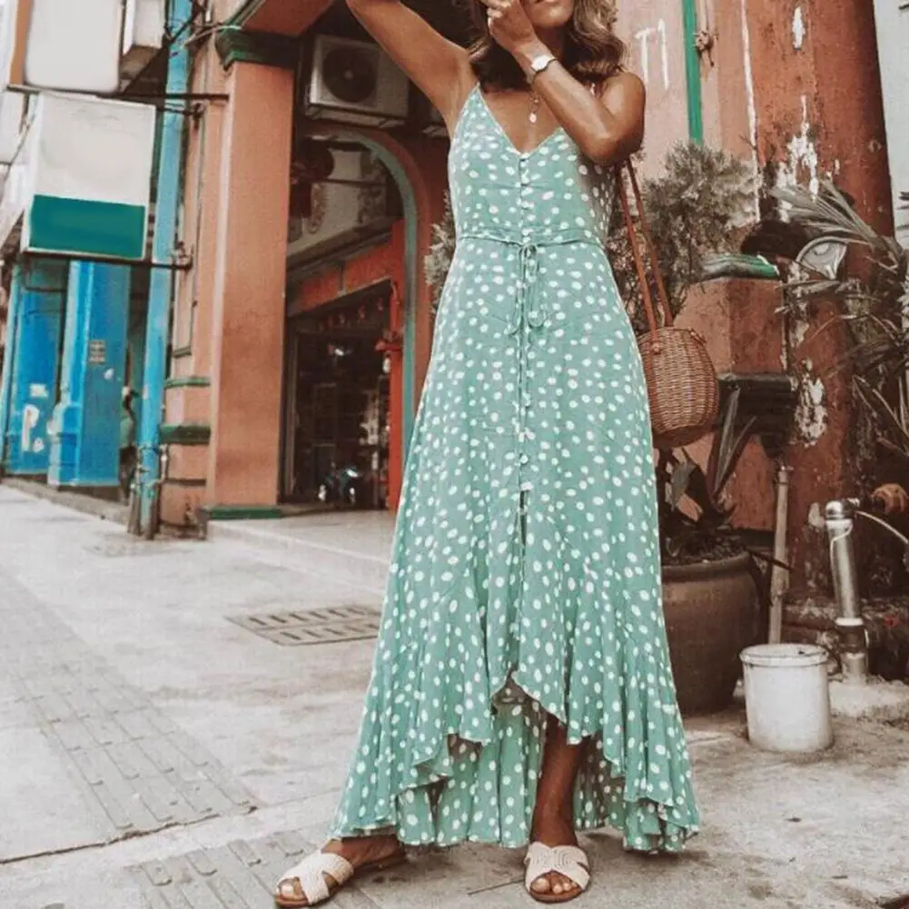 Fashion Women Boho Dot Print V Neck Single Breasted Sexy Sling Backless Sleeveless Irregular Ruffled Beach Party Long Maxi Dress
Fashion Women Boho Dot Print V Neck Single Breasted Sexy Sling Backless Sleeveless Irregular Ruffled Beach Party Long Maxi Dress