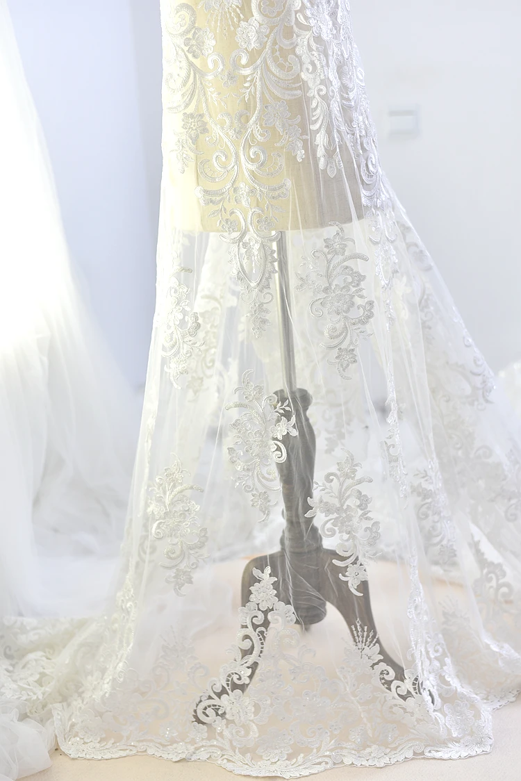 Белая Великолепная вышивка из бисера кружевная ткань для свадебного платья