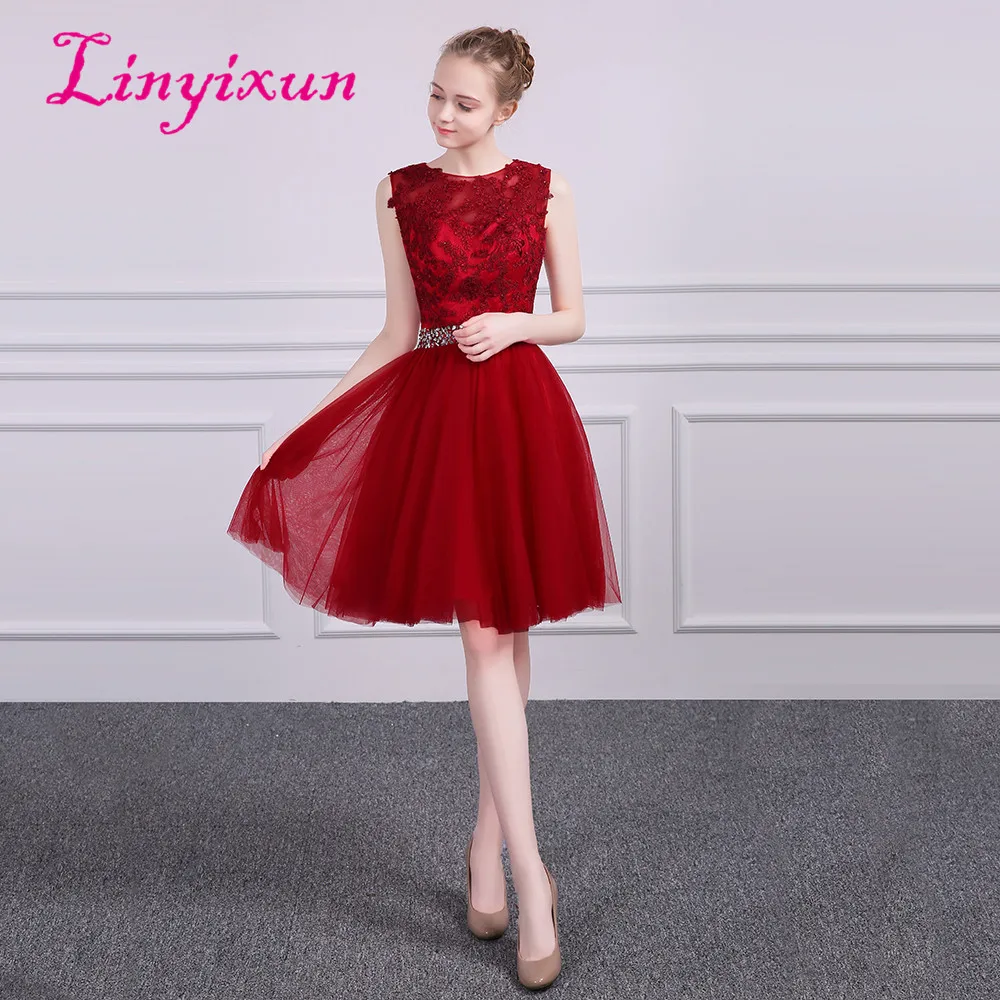 Linyixun New Short Prom Dresses Red Lace Homecoming 2018 Tulle With Appliques Crystal Beads Belt Cocktail Dress | Свадьбы и