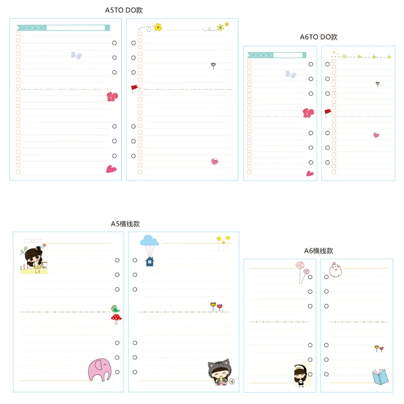 Cute cartoon 6 holes school inner paper core for spiral notebook,candy student planner organizer replacement paper 8 kinds A5 A6
Cute cartoon 6 holes school inner paper core for spiral notebook,candy student planner organizer replacement paper 8 kinds A5 A6