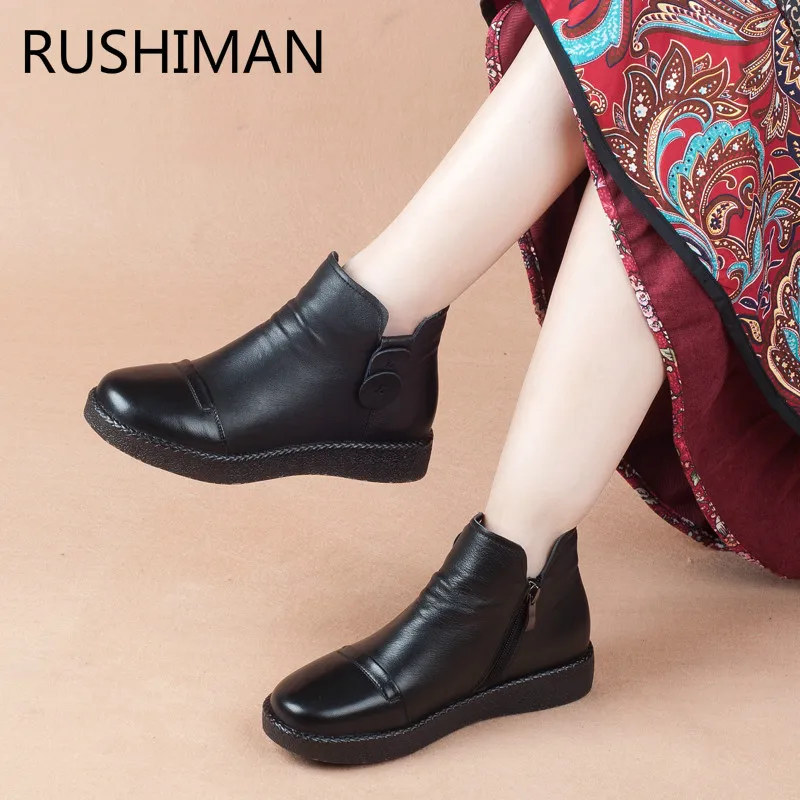 Удобные женские ботинки RUSHIMAN кожаные Нескользящие черные для отдыха на осень и